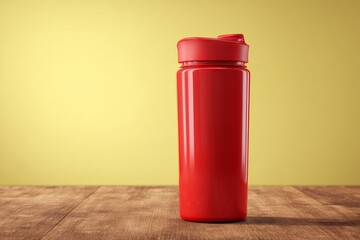 Red insulated water bottle on a wooden surface.