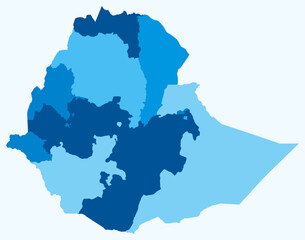 Map of Ethiopia with regions. Just a simple country border map with region division. Light blue color palette. Plain Federal Democratic Republic of Ethiopia shape with administrative division.