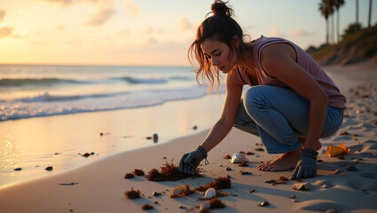 Fototapeta premium Woman cleaning up beach at sunset