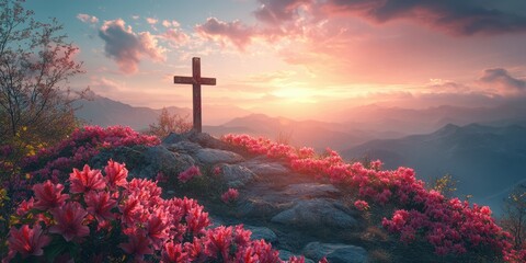 Sunset over a mountain landscape with a cross and blooming azaleas at twilight