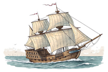 illustration: hand drawn old sailing ship yacht isolated on white or transparent png