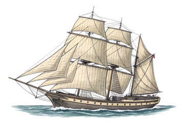Obraz premium illustration: hand drawn old sailing ship yacht isolated on white or transparent png