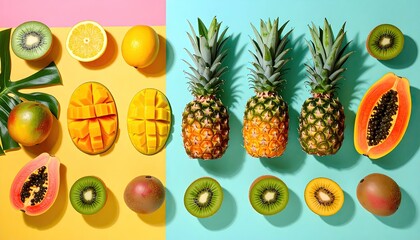 Colorful Tropical Fruit Arrangement with Pineapples, Mangoes, an
