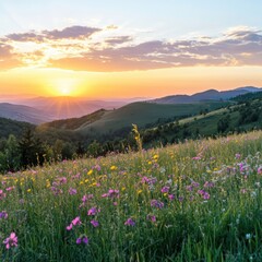 Fototapeta premium Scenic mountain meadow at sunset with wildflowers and rolling hills in the distance landscape photography