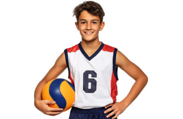 Youth boy volleyball player in jersey number 16 smiling on isolated background