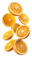 Obraz premium Flying Orange Fruits with Half Slices and Green Leaves on Transparent Background