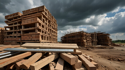 A towering accumulation of red bricks stands beneath a dramatically cloudy sky symbolizing construction strength foundation architecture and the rugged essence of industrial progress and labor ai.

