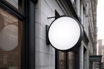 Blank circular shop sign on a stone building exterior