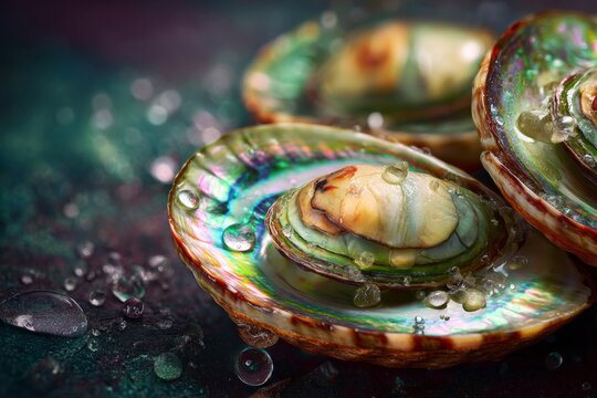 Captivating close-up of iridescent abalone shells adorned with glistening water droplets.