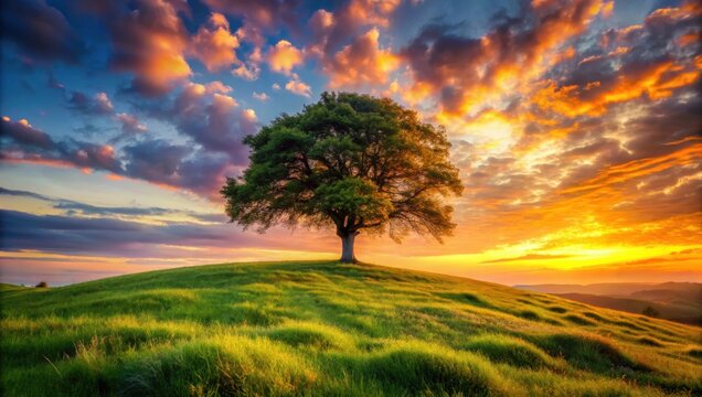 A lone tree stands on a grassy hill at sunset, with vibrant clouds and sunlight illuminating the landscape.