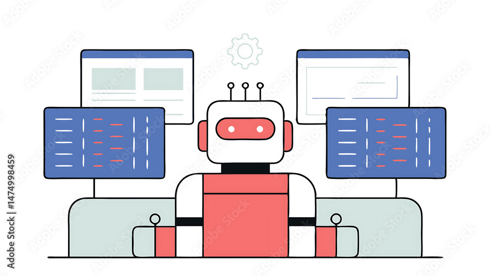Poster robot character uses automation marketing tools answer questions trough ai search technology and ass