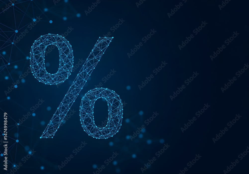 Poster a digitally created percentage symbol, designed with a plexus effect. glowing bright blue on a dark 