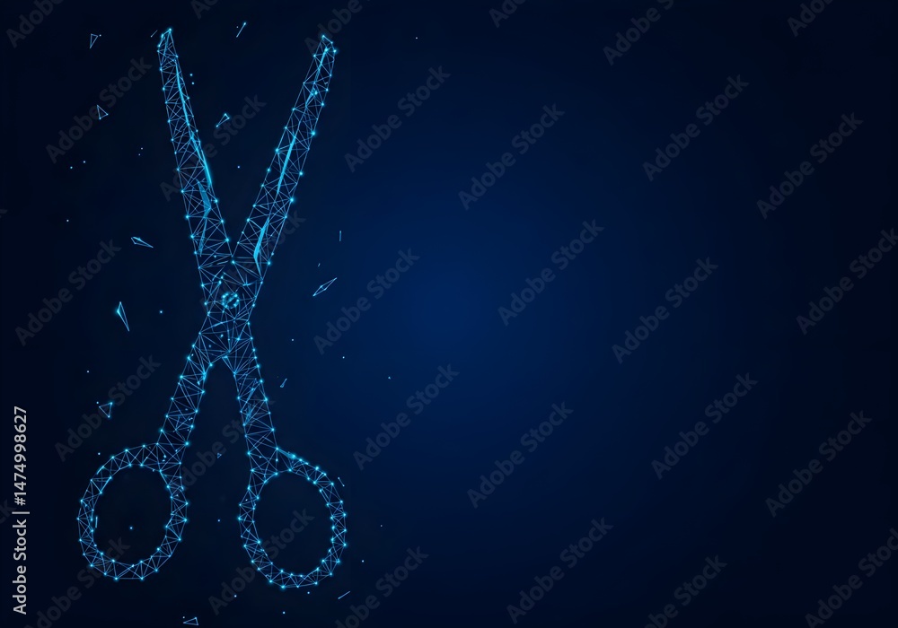 Poster an abstract image of scissors, constructed from glowing blue polygons against a dark blue background