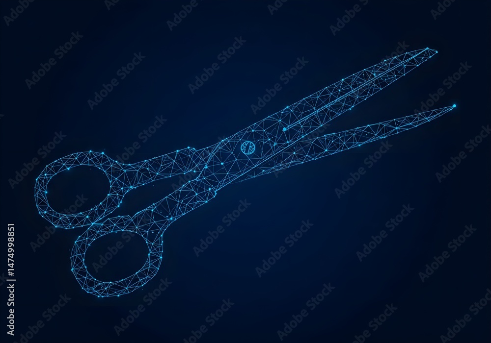 Poster a pair of scissors is depicted in an abstract style, composed of interconnected nodes and lines, cre