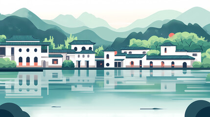 Obraz premium Serene Chinese Village Landscape Reflection