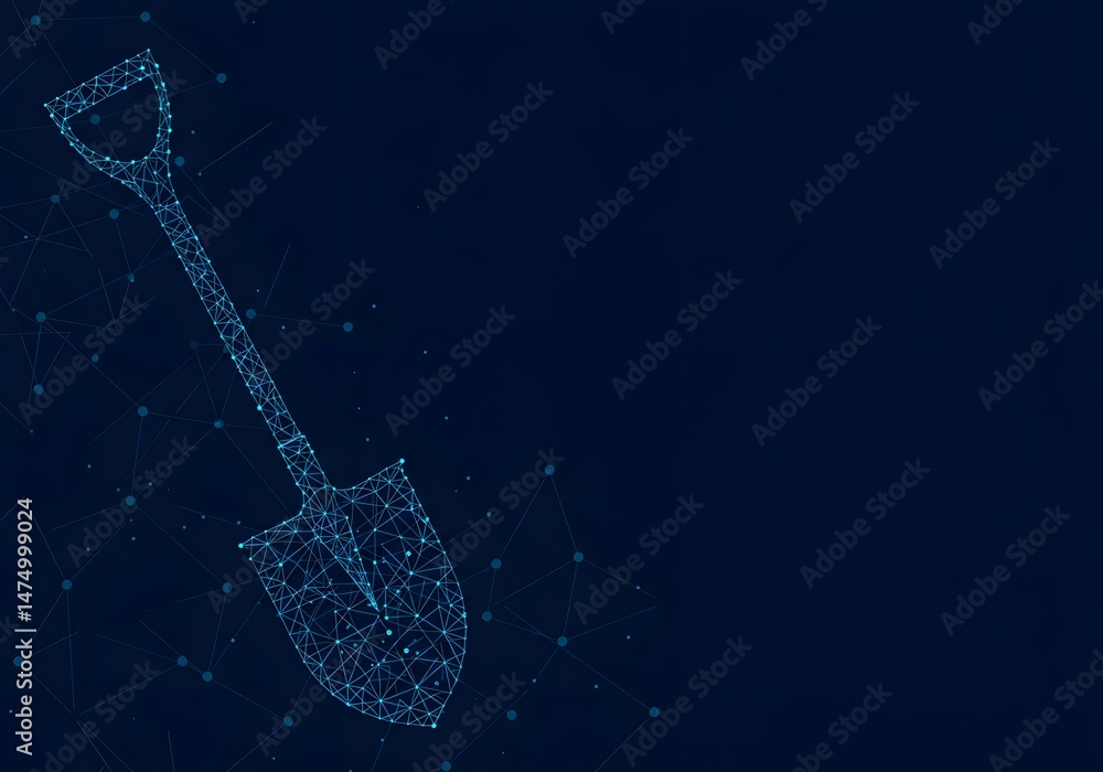 Poster a digitally created image of a shovel made of interconnected lines and dots against a dark blue back
