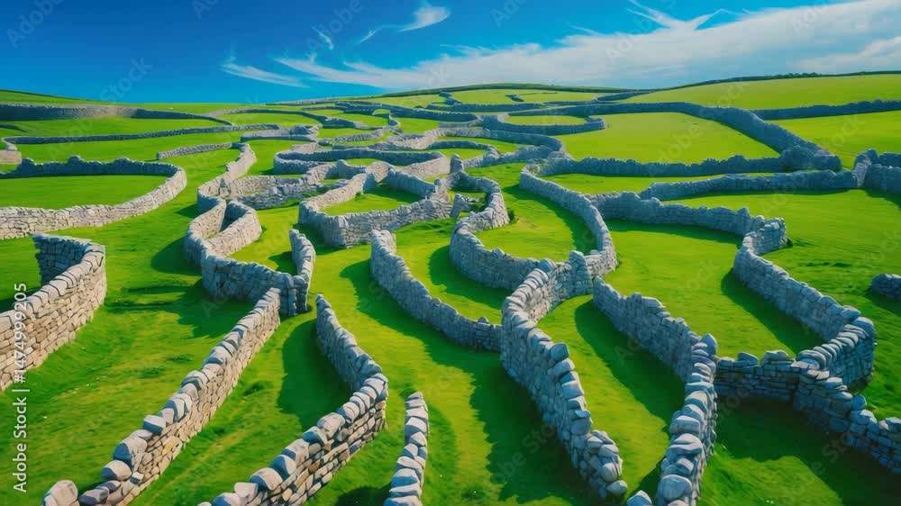 Poster overhead view of rock barriers and fields. unique configuration of manually constructed dry stone wa