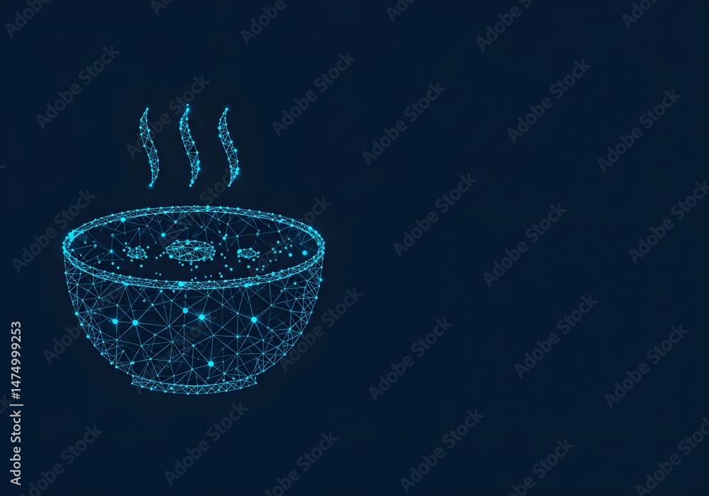 Poster a stylized image of a bowl of steaming soup. the image is created with a network of glowing blue lin