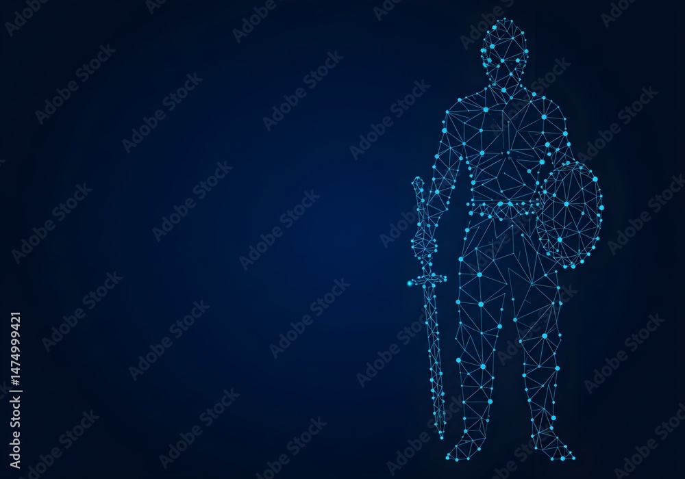 Poster a stylized image of a warrior figure, rendered in a network of glowing blue points and lines against