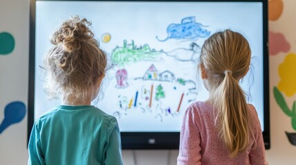Two children, a girl with shoulder-length brown hair wearing a pink shirt and a boy with short brown hair in a black shirt, are engaged with a large digital screen.