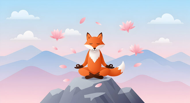 Serene Fox Meditating on Mountaintop Peaceful Nature Illustration