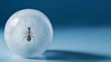 Minimalist background of a frozen ant inside an ice sphere on the blue background