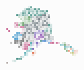 Alaska, shape of the state built of colored cells. Digital style map of Alaska on white background. Small size circle blocks. Simple vector illustration.