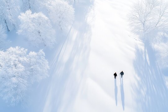 Serene Winter Landscape with Two People Walking Through Snow