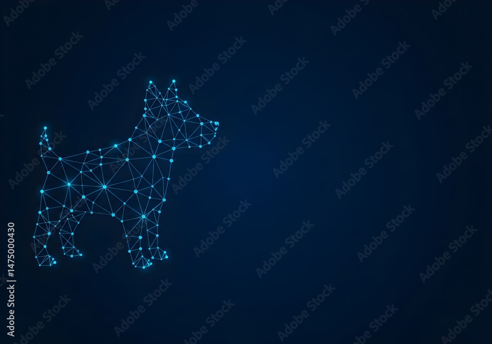 Poster a stylized image of a dog, created using a network of interconnected points and lines. the design is