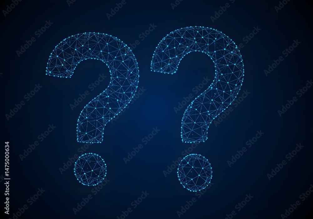 Poster abstract digital illustration of two question marks formed from interconnected nodes and lines again