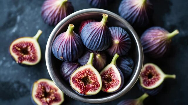 Bowl of fresh ripe figs showcased closely with a backdrop.