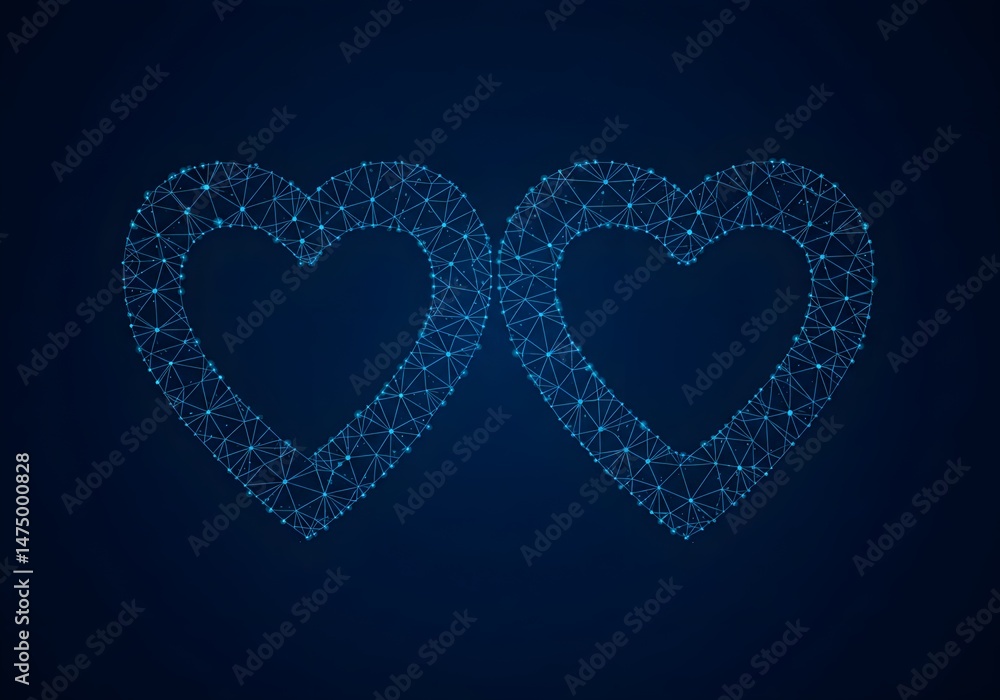 Poster abstract representation of two hearts, created using interconnected points of light, against a dark 