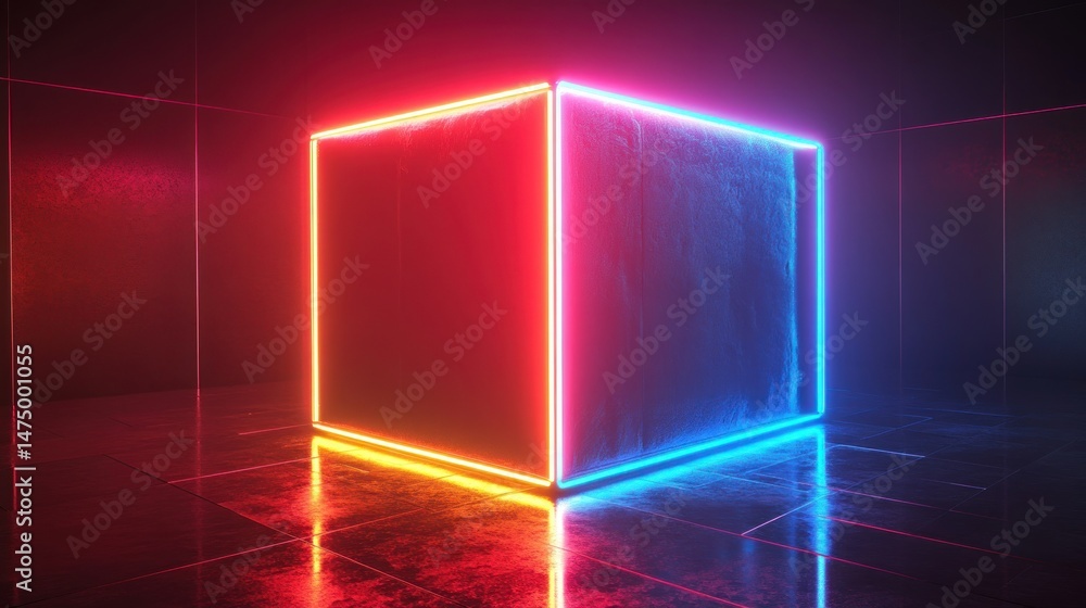 Poster futuristic illuminated cube radiates vibrancy within a darkened enclosure