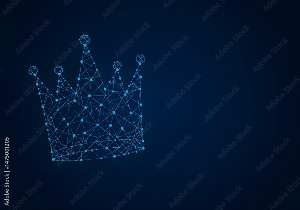 Poster a stylized crown image created using a network of interconnected points and lines against a dark blu