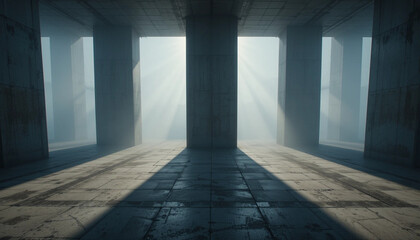 A long, empty corridor in the interior of a building shows a dark room with a light at its entrance and an empty room with light and shadows on the floor