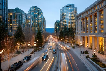 City skyline at dusk with traffic flowing along a wide avenue lined with trees and modern buildings in an urban environment