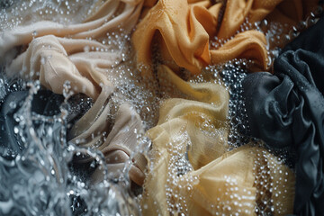 Color clothes soak in powder detergent water dissolution. Laundry concept.