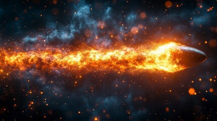 Obraz premium Fiery object streaks through a dark expanse, leaving a trail of shimmering particles and bright light