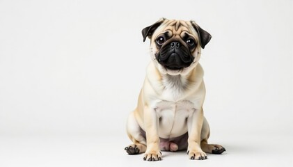 Obraz premium Adorable pug dog sits, isolated on white background, breed, sweet, companion