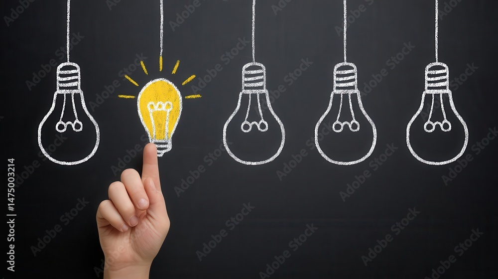 Poster hand points to a highlighted lightbulb on a chalkboard.