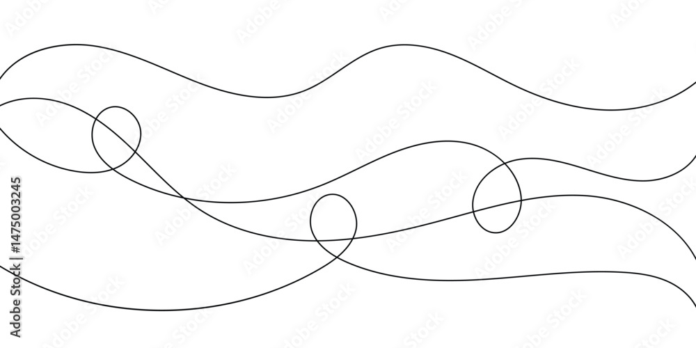 Poster abstract wave-like lines with intertwined circles.a minimalist design featuring flowing, wavy lines 
