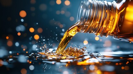 A dynamic shot of a liquid pouring from a bottle, accentuated by vibrant splashes and a beautiful bokeh background, creating an eye-catching and artistic visual.