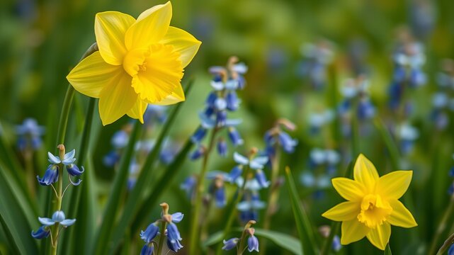 Two vibrant yellow daffodils bloom brightly amidst a cluster of delicate blue sp flowers in a lush green garden.