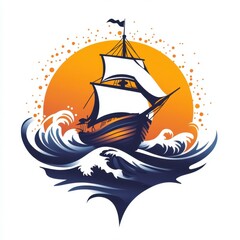 Colorful sailing ship battles waves against a vibrant sunset backdrop in a lively ocean scene