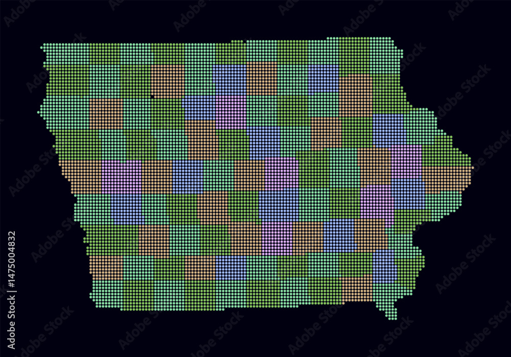 Poster iowa dotted map. digital style map of the state on a dark background. iowa shape with circle dots. c