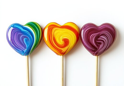Three colorful heart-shaped lollipops arranged in a row.  Each lollipop displays a unique swirl pattern of vibrant colors, including blue, green, purple, and orange.  - Powered by Adobe