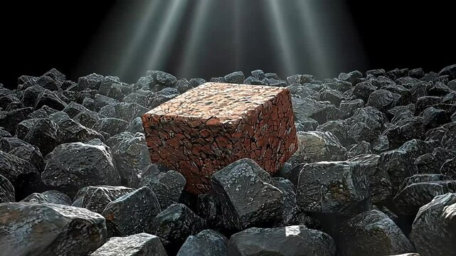 Glowing cube rests on dark rocks, illuminated by beams of light in a mysterious scene