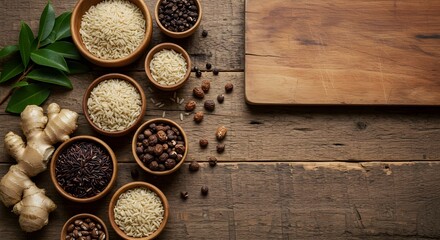 Assortment of grains and spices in wooden bowls on rustic wooden background. 