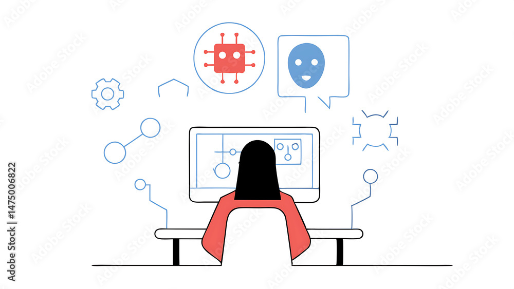 Poster woman searching on the internet by using ai chat bot ai search technology artificial intelligence in