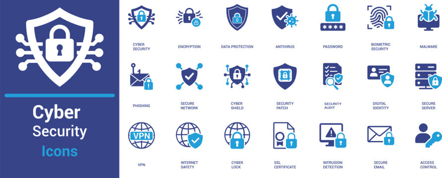 Cyber security icon set featuring data protection, encryption, firewall, secure server, VPN, malware, phishing, and digital identity in flat solid style.
